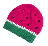 Cerise / hot pink, white and emerald green crochet slouch hat in a fruit / melon design with black rhinestone seeds. Watermelon Slouchy Beanie (Custom Colour) by VelvetVolcano