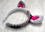 Half light grey, half dark grey Frankenstein's Monster and Zombie Kitty inspired crochet cat ear headband by VelvetVolcano