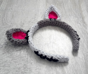 Half light grey, half dark grey Frankenstein's Monster and Zombie Kitty inspired crochet cat ear headband by VelvetVolcano