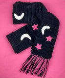 Chunky Celestial Scarf - Black crochet scarf with white crescent moon & bubblegum pink stars pattern with white, black and bubblegum pink tassels by VelvetVolcano