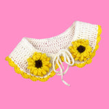 VelvetVolcano Sunflower Crocheted Peter Pan Collar in Champagne, Buttercup Yellow and Coffee Brown.
