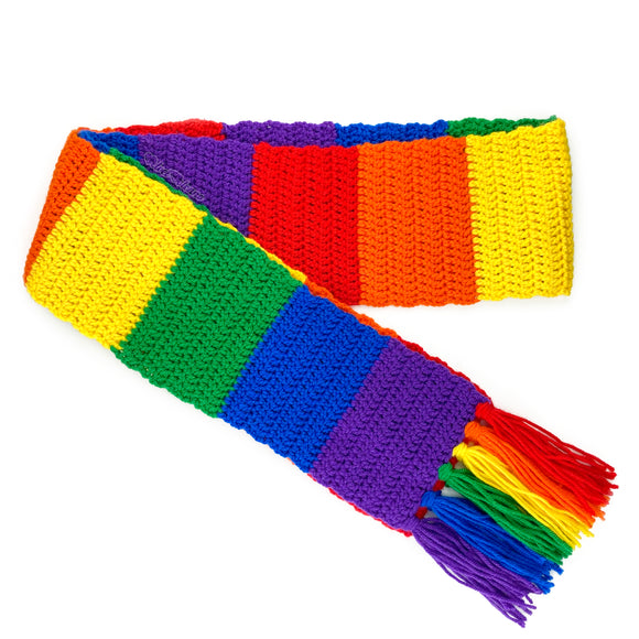 Chunky crochet bright rainbow striped scarf with rainbow coloured tassels by VelvetVolcano