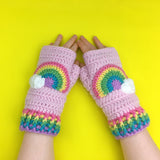 Chunky Baby Pink & Pastel Rainbow Cloud Crochet Fingerless Gloves by VelvetVolcano
