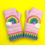 Chunky Baby Pink & Pastel Rainbow Cloud Crochet Fingerless Gloves by VelvetVolcano