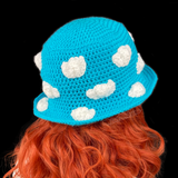 Turquoise and White Cloud Bucket Hat - Kawaii Crocheted Sky Sun Hat by VelvetVolcano