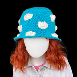 Turquoise and White Cloud Bucket Hat - Kawaii Crocheted Sky Summer Hat by VelvetVolcano