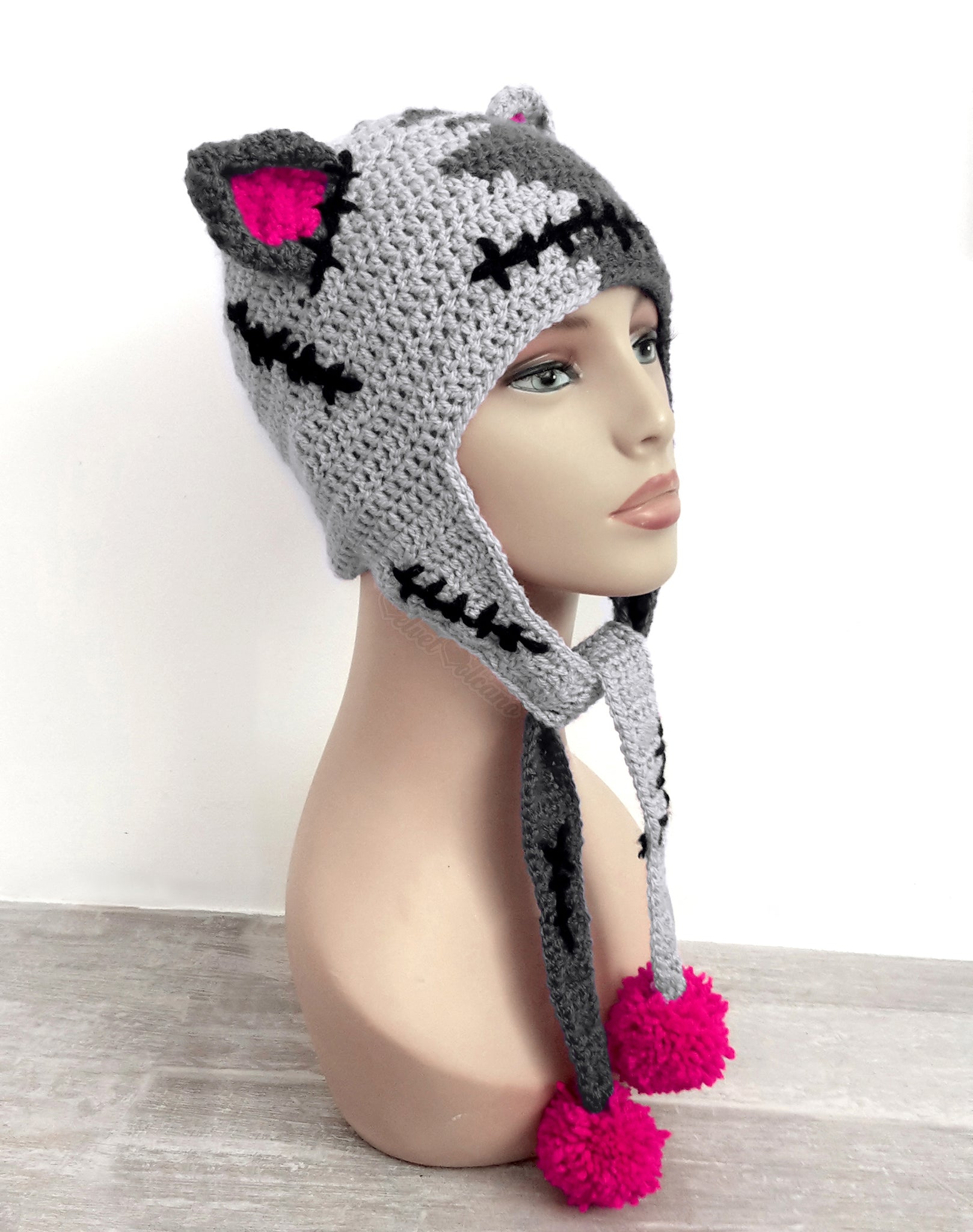 FrankenKitty Pom Pom Ear Flap Beanie - Frankenstein / Zombie Cat