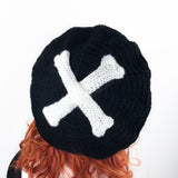 Black & White Crossbones Beret - Custom Colour Crochet Spooky Skeleton Bone Hat by VelvetVolcano