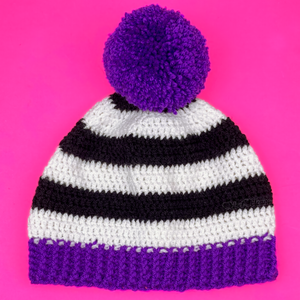 Violet Purple, Black and White Striped Crocheted Pom Pom Beanie, Stripey Bobble Hat by VelvetVolcano