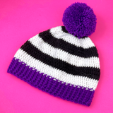 Violet Purple, Black and White Striped Crocheted Pom Pom Beanie, Stripey Bobble Hat by VelvetVolcano