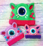 VelvetVolcano Cyclops Kitty Beanies in baby, child and adult size