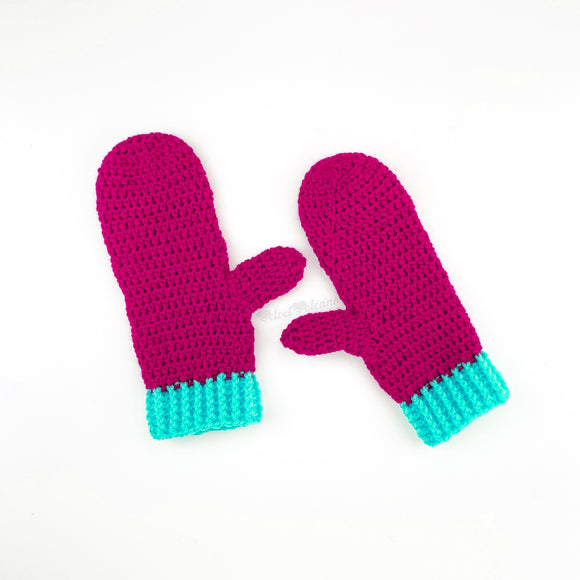 Hot Pink and Aqua crochet mittens by VelvetVolcano