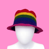 Dark Rainbow Bucket Hat - Muted Rainbow Striped Unisex Teen & Adult Crochet Sun Hat by VelvetVolcano