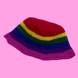 Dark Rainbow Bucket Hat - Muted Rainbow Striped Unisex Teen & Adult Crochet Sun Hat by VelvetVolcano
