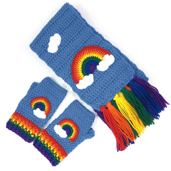 Chunky Bright Rainbow Cloud Scarf & Fingerless Gloves Set - Dolphin Blue crochet scarf and hand warmers with rainbow tassels / cuffs and rainbow and cloud design by VelvetVolcano