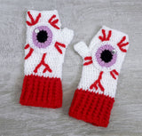 Eye See You Fingerless Gloves - White Fingerless Gloves with Red Cuffs, Eyeball and Blood Shot / Vessels design by VelvetVolcano