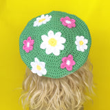 Spearmint Green Crochet Beret with White and Yellow Daisy and Bubblegum Pink and White Flower Pattern by VelvetVolcano