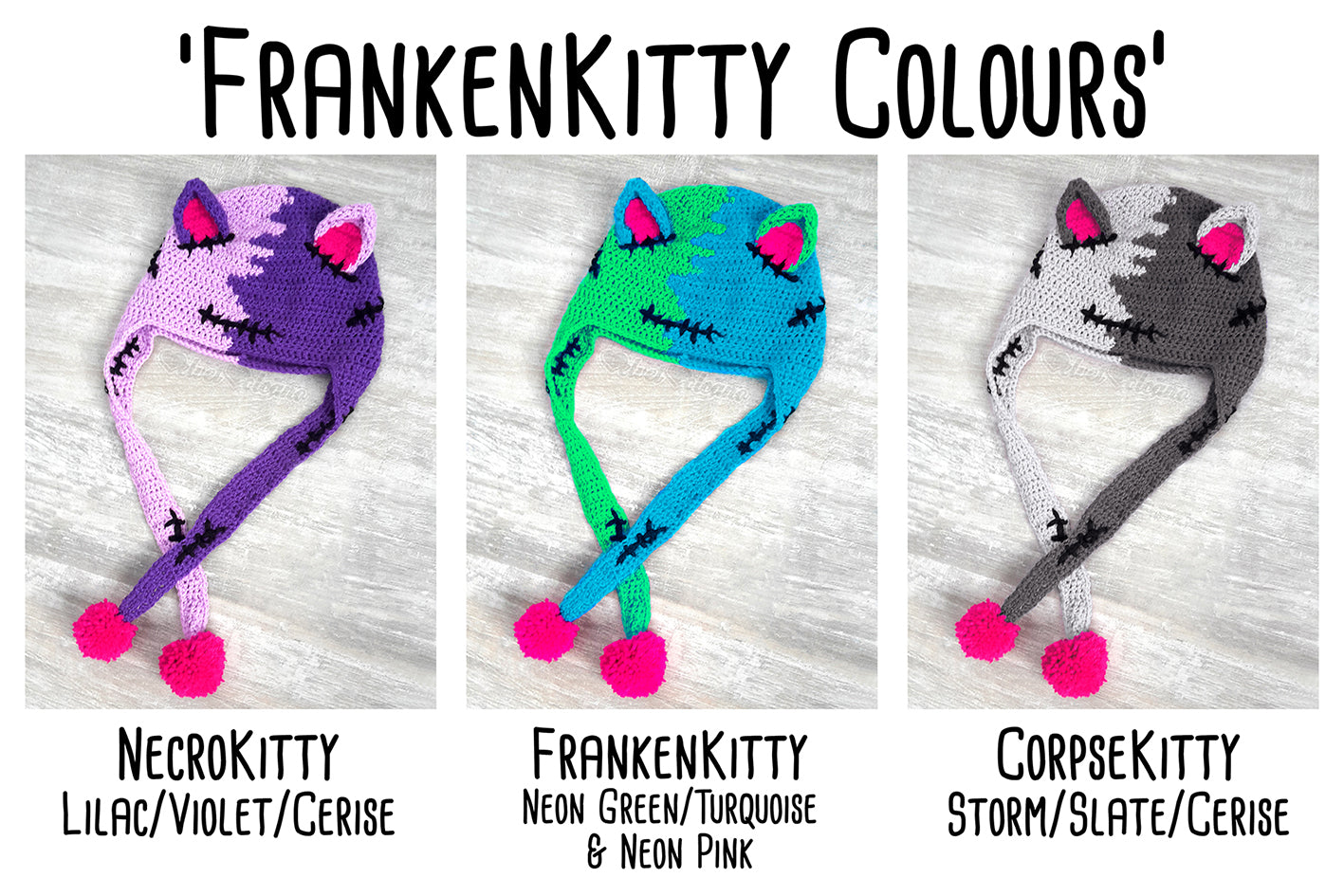 FrankenKitty Pom Pom Ear Flap Beanie - Frankenstein / Zombie Cat