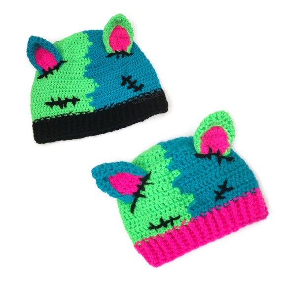 Frankenstein's Monster inspired Zombie cat ear crochet hat in Neon Green, Turquoise & Black - FrankenKitty Beanie by VelvetVolcano