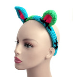 Half neon green, half turquoise Frankenstein's Monster and Zombie Kitty inspired crochet cat ear headband by VelvetVolcano