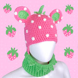 Bubblegum Pink and Spearmint Green Crocheted Strawberry Theme Balaclava with Bear Ears by VelvetVolcano