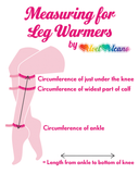 Measuring for Leg Warmers graphic by VelvetVolcano that shows a pair of illustrated legs with tape measures shown in 3 areas to mark where the measurements should be taken. These measurements are the circumference of just under the knee, the circumference of the widest part of the calf and the circumference of the ankle. There is also a black arrow to show the length of the leg warmers (which is from the ankle to the bottom of the knee)