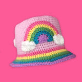 Super Kawaii Fairy Kei Baby Pink Crochet Bucket Hat with Pastel Rainbow Cloud Motif and Pastel Rainbow Striped Brim by VelvetVolcano