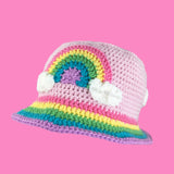 Super Kawaii Fairy Kei Womens & Teen Girls Baby Pink Crochet Bucket Hat with Pastel Rainbow Cloud Motif and Pastel Rainbow Striped Brim by VelvetVolcano