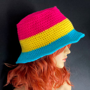 Pansexual Flag Striped Bucket Hat - Pan Pride Hot Pink, Yellow & Turquoise Striped Crochet Summer Sun Hat by VelvetVolcano