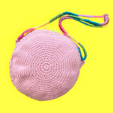 Kawaii Baby Pink Crocheted Crossbody Bag with Pastel Rainbow Strap and White Cloud and Pastel Rainbow Motif by VelvetVolcano