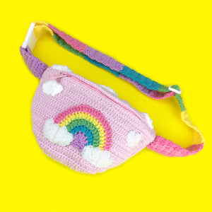 Kawaii Pastel Rainbow Cloud Bum Bag - Baby Pink Crochet Fanny Pack with Cloud Pattern and Rainbow Striped Strap/Belt by VelvetVolcano