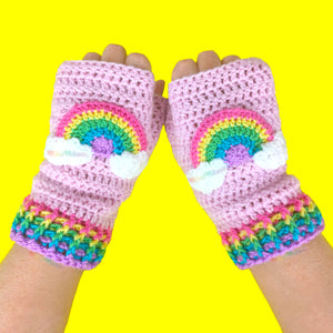 Pastel Rainbow Cloud Fingerless Gloves - Kawaii Texting Hand Warmers by VelvetVolcano