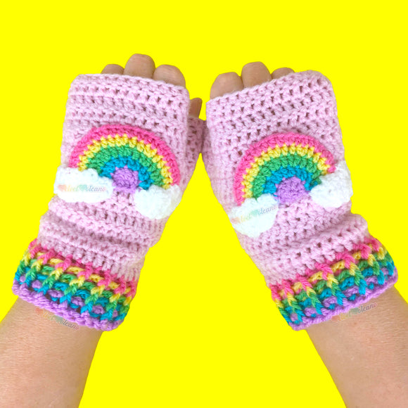 Pastel Rainbow Cloud Fingerless Gloves - Kawaii Texting Hand Warmers by VelvetVolcano