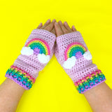 Pastel Rainbow Fairy Kei Wrist Warmers, Cute Crochet Baby Pink Texting Gloves with Pastel Rainbow Cloud Motif by VelvetVolcano