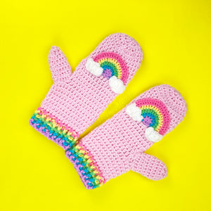 Pastel Rainbow Cloud Mittens - Baby Pink Crocheted Hand Warmers with Pastel Rainbow Striped Cuffs and Pastel Rainbow Motifs with White Clouds by VelvetVolcano