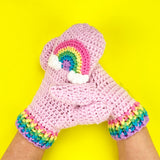 Pastel Rainbow Cloud Mittens - Baby Pink Crocheted Hand Warmers with Pastel Rainbow Striped Cuffs and Pastel Rainbow Motifs with White Clouds by VelvetVolcano