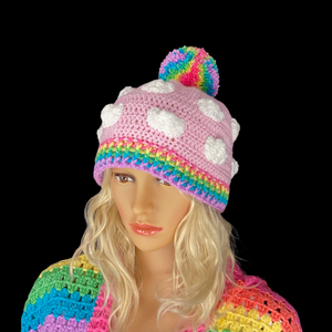 Pastel Rainbow Cloud Pom Pom Beanie - Baby Pink Crocheted Hat with White Clouds and Pastel Rainbow Pom Pom and Brim - Cute Kawaii Fairy Kei Winter Hat by VelvetVolcano