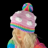 Pastel Rainbow Cloud Pom Pom Beanie - Baby Pink Crocheted Hat with White Clouds and Pastel Rainbow Pom Pom and Brim - Cute Kawaii Fairy Kei Winter Hat by VelvetVolcano