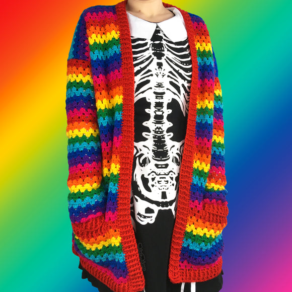 Bright Rainbow Striped Cardigan Colourful Crochet Long Sleeve