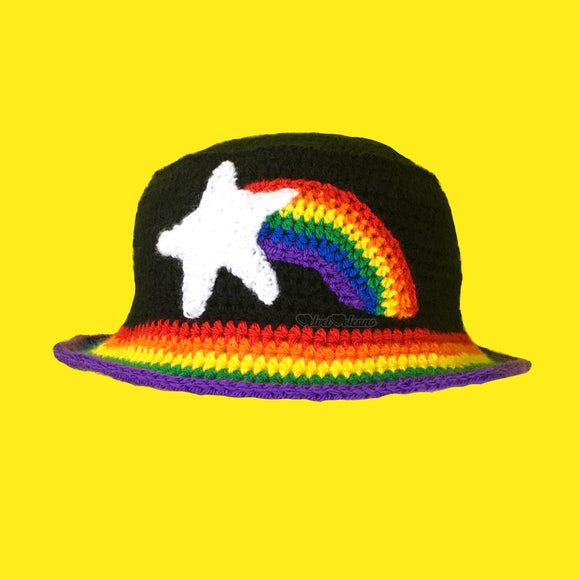 Shooting Star Rainbow Bucket Hat - Custom Colour Unisex Teen & Adult Crochet Sun Hat by VelvetVolcano