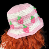 Strawberry Stripe Bucket Hat - Pastel Sweet Baby Pink & White Striped Crocheted Sun Hat with Bubblegum Pink & Spearmint Green Strawberry Pattern by VelvetVolcano
