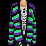 Purple, Neon Green and Black Striped Crocheted Cardigan - Gothic Grunge Custom Granny Rocks Cardi by VelvetVolcano