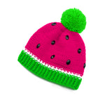 Cerise / Hot Pink, White and Neon Green fruit / melon themed bobble hat with black rhinestone seeds. Watermelon Pom Pom Beanie (Custom Colour) by VelvetVolcano