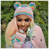 AyeshaShaSha wears VelvetVolcano Kawaii Pastel Rainbow Cloud Double Pom Pom Beanie