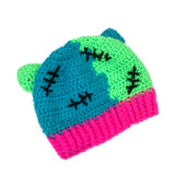 FrankenKitty Beanie - Neon Green, Turquoise, Neon Pink & Black Kitty Ear Hat - Spooky Frankensteins Monster Inspired Cat Hat by VelvetVolcano