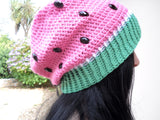 Bubblegum pink, white and pastel green crochet slouch hat in a fruit / melon design with black rhinestone seeds. Watermelon Slouchy Beanie (Custom Colour) by VelvetVolcano