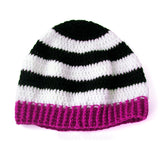 White and Black striped crochet beanie with pink ribbed brim by VelvetVolcano