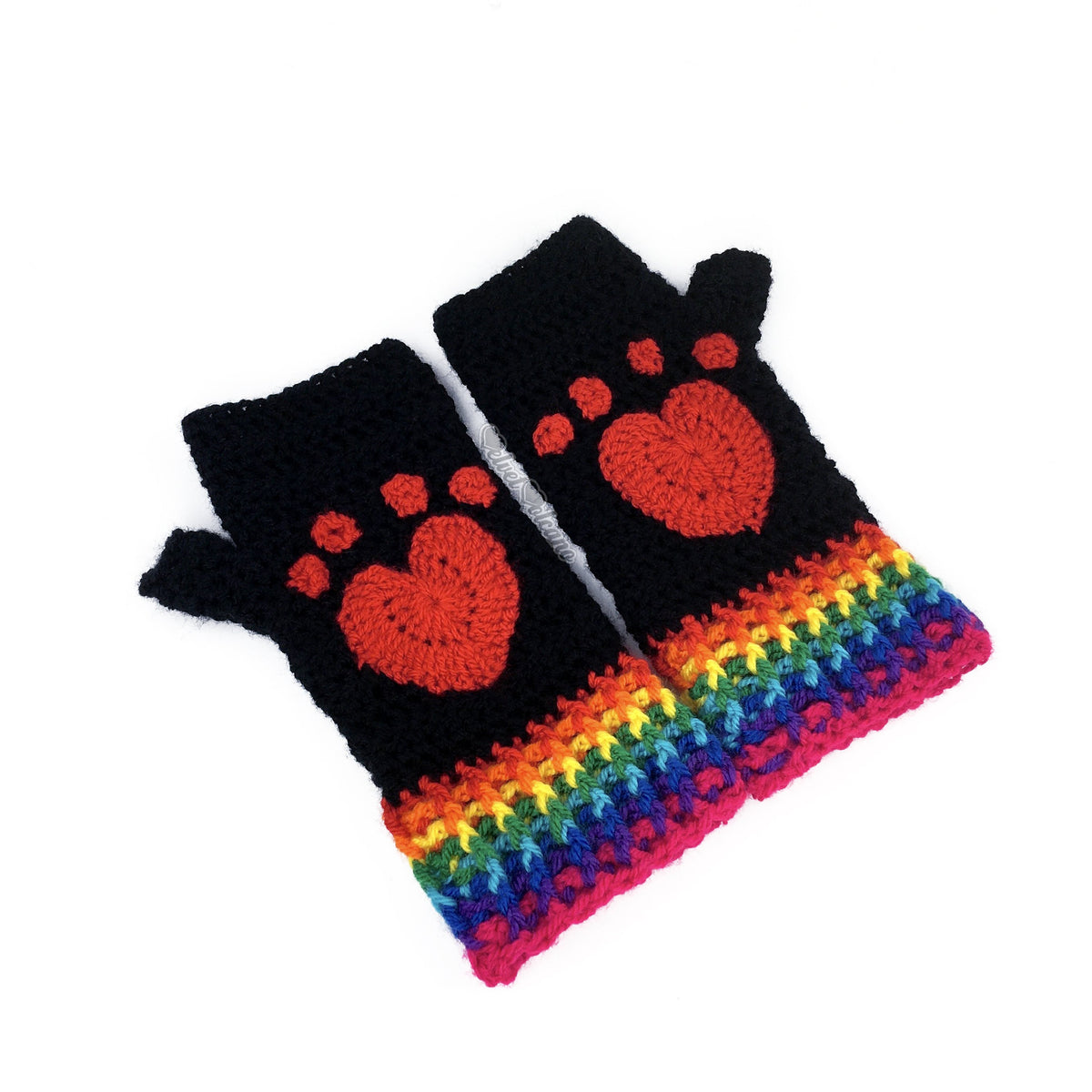 Kitty Paw Fingerless Gloves with Rainbow Cuff Heart Shaped Cat