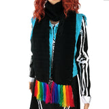 Chunky Black Crochet Scarf with Rainbow Tassels by VelvetVolcano