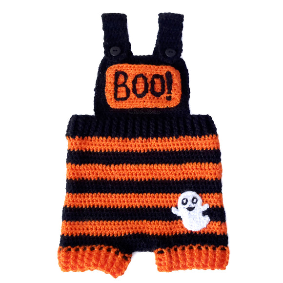 Crochet Orange & Black Striped Baby Dungarees with BOO! Chest Pocket and Ghost Applique by VelvetVolcano